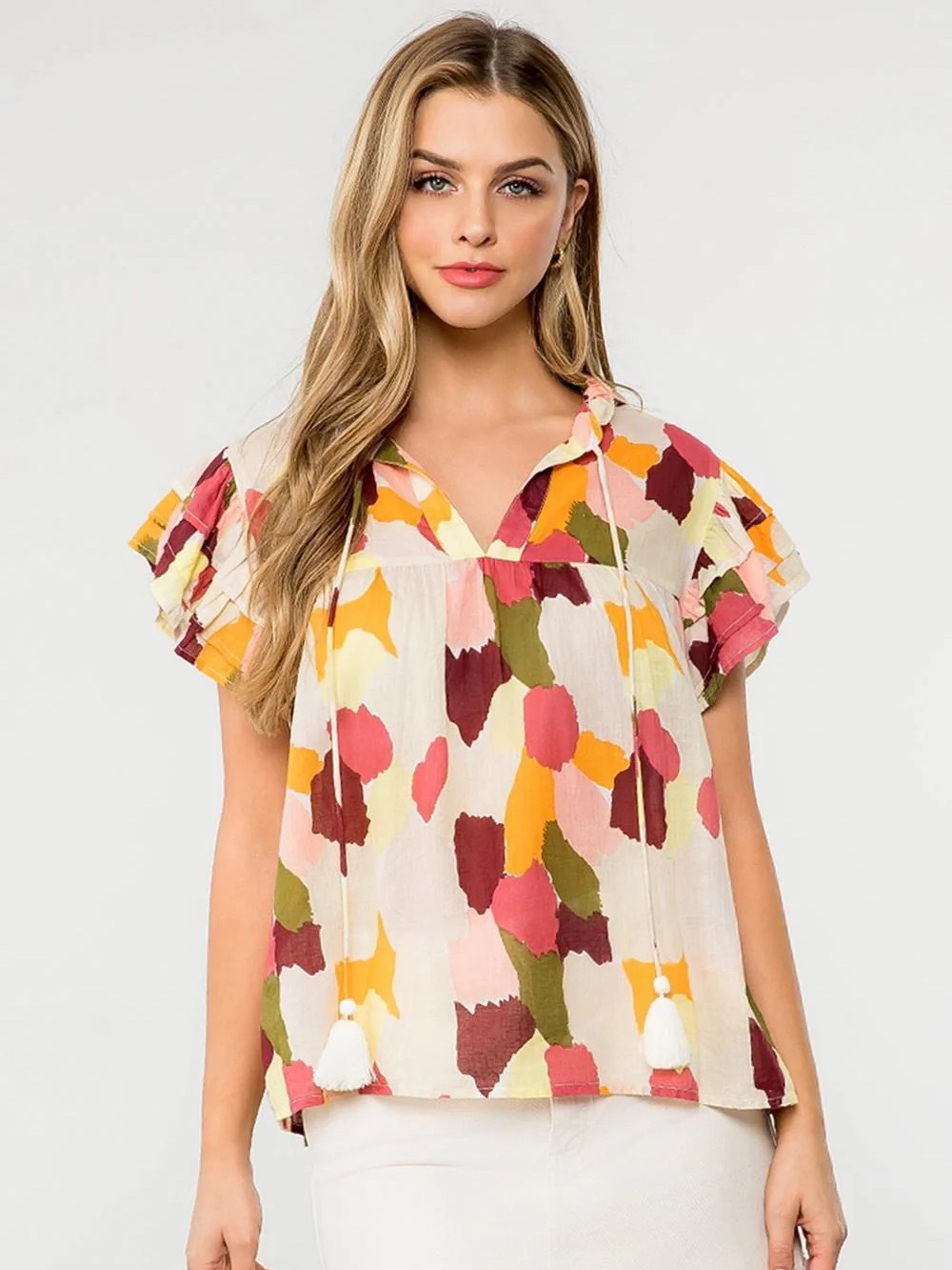 THML Colorful Abstract‎ Ruffle Sleeve Peasant Tassels Top Size Small